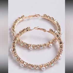 Small Gold Rhinestone and Pearl Hoops